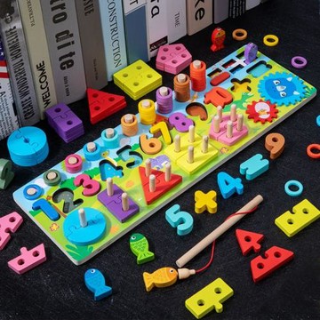 五套柱釣魚對數板形狀積木認知數字幾何圖形配對寶寶早教木制教具