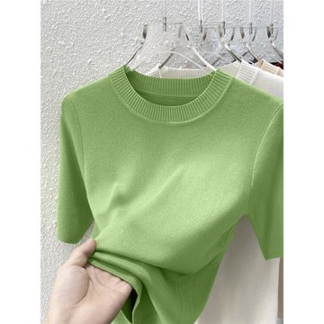 夏季韓系穿搭圓領修身氣質中袖上衣女裝新款五分袖針織打底衫毛衣