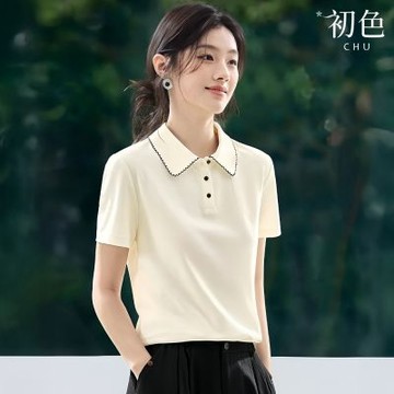 初色 韓系休閒風POLO領撞色花邊刺繡短袖T恤上衣-米白色-51031(M-2XL可選)