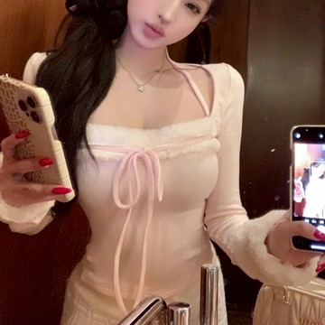 秋冬季毛毛拼接粉色方領長袖短版T恤上衣