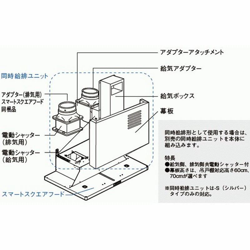 ファッションなデザイン 75cm スマートスクエアフード用同時給排ユニット 対応吊戸棚高さ70cm換気扇 パナソニック レンジフード部材  ksumart.com