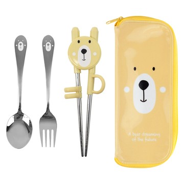 KitchenU 小熊第一階段學習筷餐具組  1組  學習筷 + 湯匙 + 叉子+ 拉鍊收納盒  混色