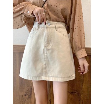 米白色牛仔半身裙短款女小個子春秋高腰a字裙夏短裙半裙牛仔裙
