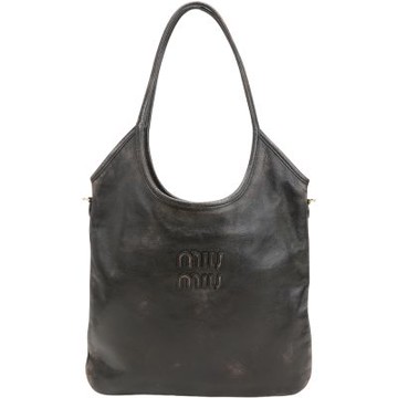 miu miu IVY 字母仿舊納帕羊皮肩背直式托特包(咖啡棕)