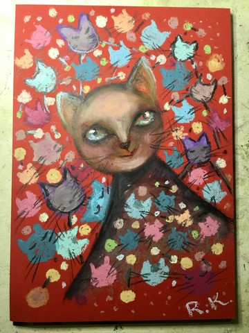 繪貓守護者 – 鮮紅背景的貓咪油畫棒肖像