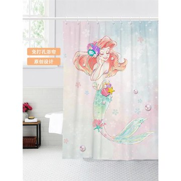 北歐兒童卡通美人魚淋浴防水免打孔浴簾浴室隔斷簾防霉衛生間掛簾