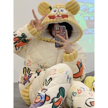 睡衣女秋冬季三層夾棉加絨加厚保暖卡通海綿寶寶珊瑚絨家居服套裝