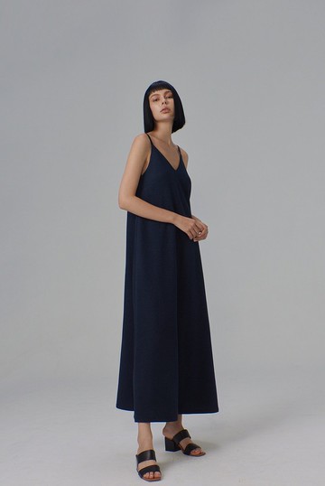 深藍格細肩毛料洋裝