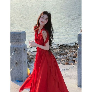 【法式超仙度假風】海邊度假裙 大裙擺 洋裝 無袖連衣裙 花朵飄帶 長裙子 夏季新款女裝 海邊洋裝 渡假洋裝 長洋裝連身裙