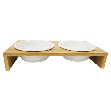 Catfeet 竹製ㄇ形雙碗 大陶瓷碗 820g 竹/陶瓷材質  白碗 + 木紋架  1個