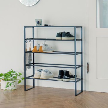 【H&R安室家】質感工業風黑色系四層鞋架/置物架 (附掛鈎) SH116A