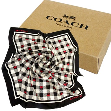 COACH 100%蠶絲絲巾領巾方巾圍巾禮盒(櫻桃/黑)