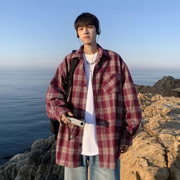 格子襯衫男高級感日系復古cityboy外套春秋潮牌寬松帥氣長袖襯衣