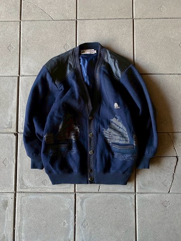 --兩光師選物--皮皮革拼接帆船開襟毛衣