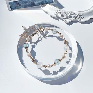 海藍寶 月光石 淡水珍珠 14K包金 手工繞線天然水晶手鍊