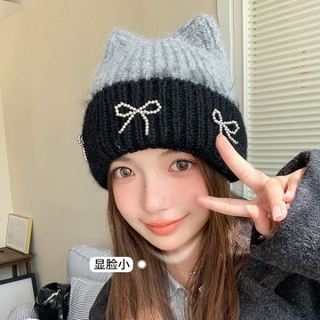 特價💖秋冬新款可愛貓耳朵 蝴蝶結毛綫帽百搭女款大頭圍護耳 針織冷帽 保暖帽 大頭圍帽 帽子 護耳帽 冷帽 耳朵帽 貓耳帽