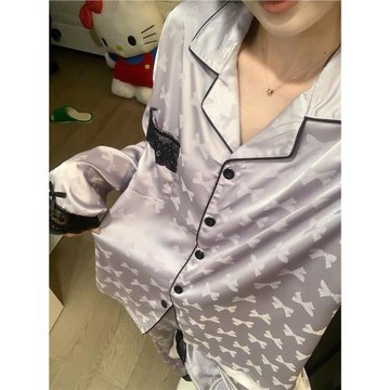 大碼高級感紫色冰絲長袖睡衣套裝女春秋季2025新款大牌蕾絲家居服