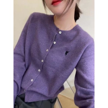 2025秋冬新款100羊毛開衫女圓領外穿內搭刺繡針織紫色上衣外套