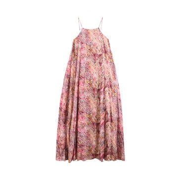 珊瑚斑斕印花細肩帶垂綴洋裝