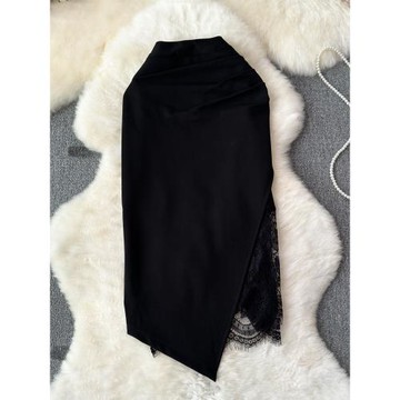 顯瘦開叉蕾絲邊拼接不規則半身裙夏新款包臀高腰大碼黑色中長裙女