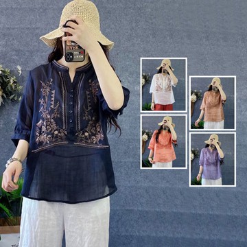 ＊ORead＊文藝復古休閒V領套頭苧麻五分袖上衣(5色F碼)