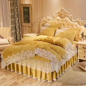 蕾絲夾棉加厚水晶絨床裙四件套保暖雙人被套床套防滑床罩4件套1.8