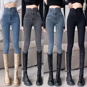 超高腰煙灰色彈力收腹緊身小腳牛仔褲女提臀顯瘦修身黑色鉛筆褲