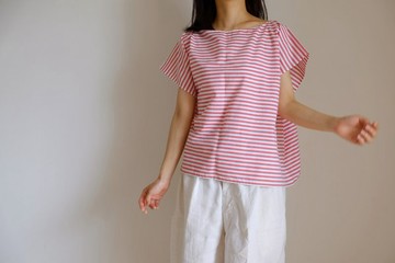 再次販售・方領短袖上衣 / 純棉 條紋【白底紅條】<訂製商品>