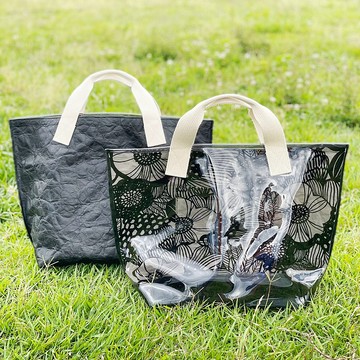 PVC 透明片 & Tyvek / 不對稱托特包 黑 × 植物圖案 × (PVC) 黑