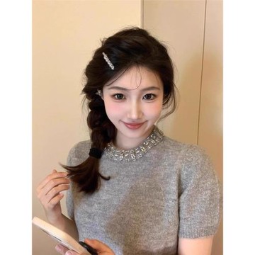 千金感灰色帶鉆圓領短袖針織衫女2024夏季寬松氣質獨特百搭上衣