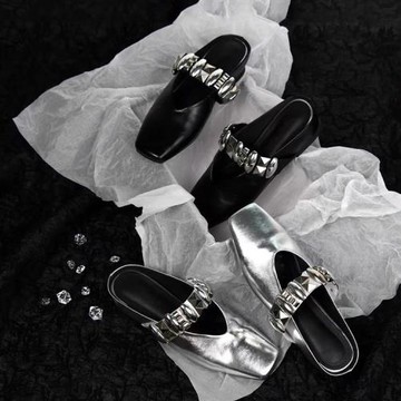 羊皮版~法式氣質包頭鞋女一腳蹬金屬扣方頭半拖鞋真皮內增高涼拖