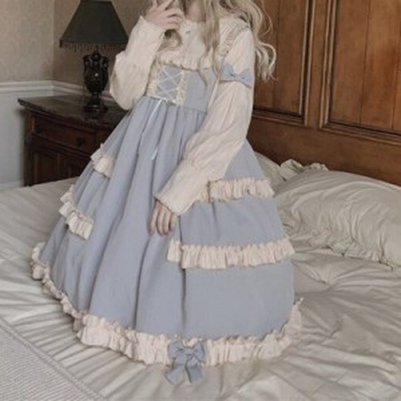 ロリータ ワンピース 秋冬 長袖 可愛い ゆめかわいい エレガント レースアップ Lightblue M0327 通販 Lineポイント最大6 0 Get Lineショッピング