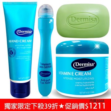 Dermisa母親節珍愛獻禮★重量版維他命E急救保濕乳霜+升級版超級保濕淡斑皂+眼周緊緻撫紋精華冰珠棒+手部淡紋緊緻霜