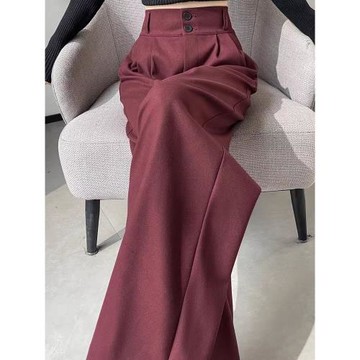 安可拉紅高級感毛呢西裝褲子女秋冬季2024新款高腰直筒窄版闊腿褲