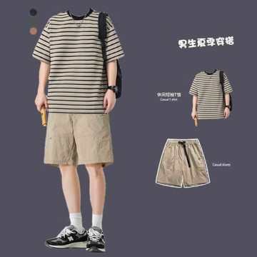 條紋撞色短袖t卹 男士夏季純棉重磅潮牌男款百搭體卹短褲帥氣套裝 男裝經典百搭條紋T卹 夏季短袖套裝 H0302