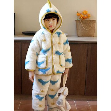 2025冬新品男童雙層加厚睡衣小恐龍活性印花加絨家居服可外穿套裝