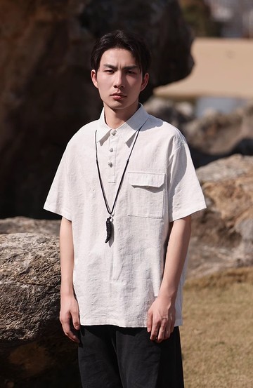 新中式復古 亞麻襯衫唐裝 寬鬆短袖T恤