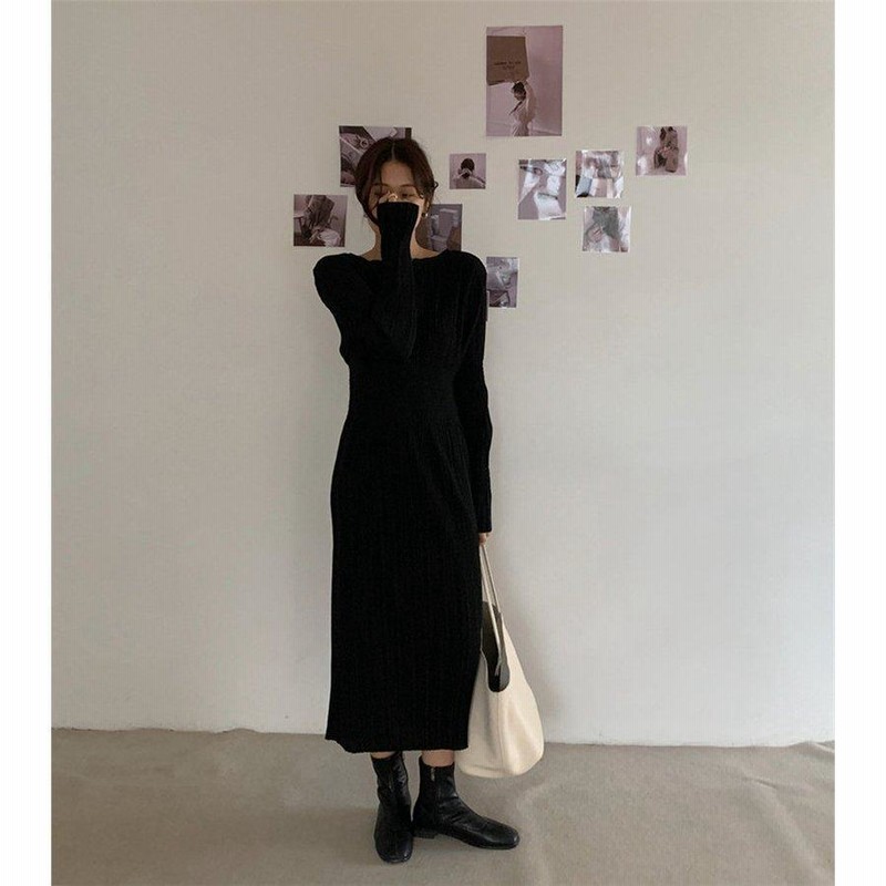 ワンピース ロング丈 レディース 春 夏 秋 ロングワンピ タイトワンピ 長袖 タイト 黒 ブラック 20代 30代 40代 プリーツ ギャザー クルーネック タック 無地 ワンピース ロング丈 レディース 春 夏 秋 ロングワンピ タイト