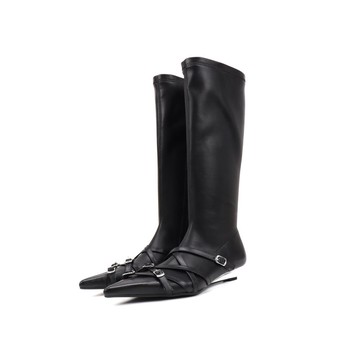 Im cookie原創尖頭彈力布金屬皮帶扣裝飾靴子坡跟時裝靴春秋女靴