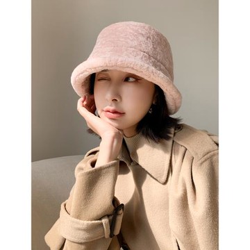 韓國羊毛皮毛一體漁夫帽冬季保暖女皮草帽子皮草漁夫帽真皮質帽潮
