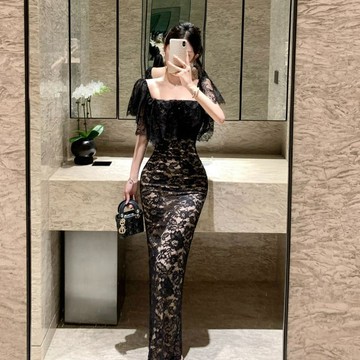 蕾絲晚禮服 有內裡 黑色洋裝 一字肩 輕奢純欲長裙