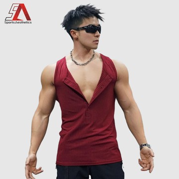男式彈力條紋寬肩背心 半扣V領 舒適透氣上衣 休閒運動健身訓練 現貨
