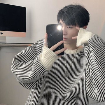 【男裝-長袖上衣】臺灣出貨條紋毛衣男冬季加厚韓版圓領針織衫新款保暖男士百搭外套寬鬆情侶