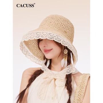 CACUSS草帽女夏季2026新款防曬遮陽帽海邊帽子度假蕾絲大檐太陽帽
