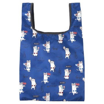 kUSUgURU JAPAN 日本眼鏡貓 時尚印花環保袋 可折疊 附登山扣 58.5 x 36cm  Nekomaruke款 藍色  1個