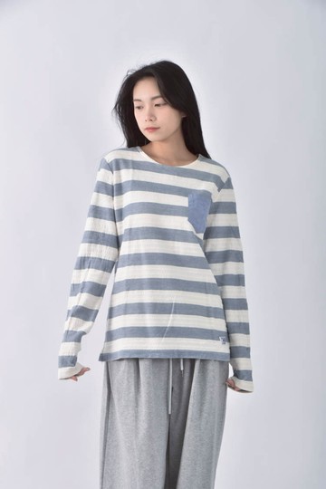 (L) bobson棉質純棉條紋白色長袖上衣