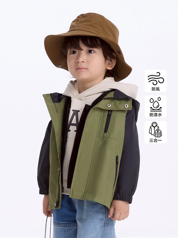 兒童裝 三合一防風防潑水刷毛連帽外套(1-14歲)-綠色