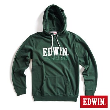 EDWIN 男裝 疊印印花長袖連帽T恤-墨綠色