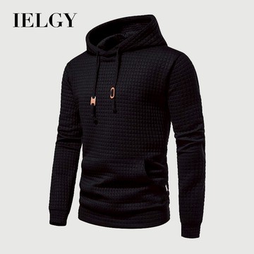 IELGY 新款男士休閒套頭衫提花衛衣男士格子連帽