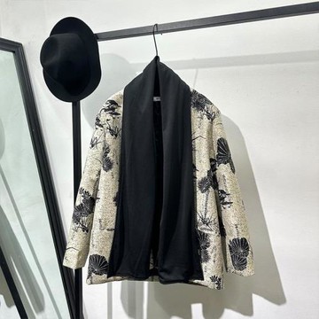 秋冬時髦設計感寬松圍巾款西裝外套流行做舊復古國風印花西服男女